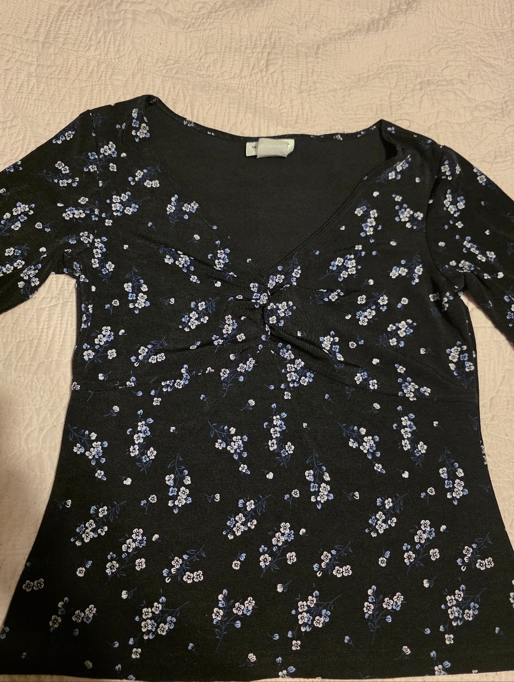 Wrapper Black Floral Twist-Front Long Sleeve Top